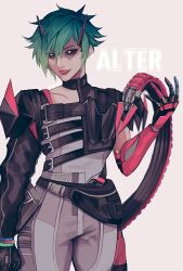  1girl alter_(apex_legends) animification apex_legends black_jacket black_sclera bodysuit character_name collarbone colored_sclera green_hair grey_background grey_bodysuit highres jacket mechanical_arms mechanical_tail parted_lips short_hair single_mechanical_arm solo tail tama_(ponz3o1) white_eyes 