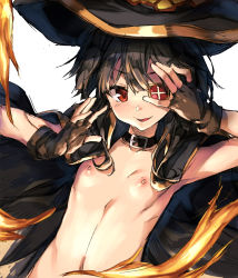 10s 1girl breasts brown_gloves brown_hair cape collar collarbone eyepatch fingerless_gloves flat_chest gloves hat highres kono_subarashii_sekai_ni_shukufuku_wo! looking_at_viewer megumin naked_cape navel nipples open_mouth out-of-frame_censoring red_eyes redcomet short_hair_with_long_locks small_breasts smile solo rating:Explicit score:167 user:danbooru