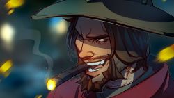  1boy bad_id bad_twitter_id beard brown_eyes brown_hair cape cassidy_(overwatch) cigar cowboy_hat face facial_hair gloves gradient_background hat highres male_focus mouth_hold mustache nicole_echeverria overwatch red_cape smoking solo teeth teeth_hold  rating:Sensitive score:7 user:danbooru