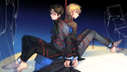 2boys atou_haruki barefoot black_coat black_pants blonde_hair braid brown_hair brown_sweater chinese_commentary coat commentary_request cuffs fengtian_(artist) green_scarf grey_pants grey_sweater handcuffs harada_minoru highres long_sleeves male_focus multiple_boys nervous_smile pants red_eyes ribbed_sweater saibou_shinkyoku scarf shibari shibari_over_clothes short_hair side_braid single_braid sitting smile sweat sweater turtleneck turtleneck_sweater 
