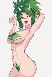  1girl abs absurdres arm_behind_back armpit_crease armpits arms_up artist_name ass bone breasts cavewoman coubalty covering_crotch covering_nipples covering_privates fangs green_eyes green_hair highres indie_virtual_youtuber leaf leaf_bra looking_at_viewer meat_(vtuber) nail navel open_mouth pointy_ears presenting_armpit scar scar_on_face scar_on_nose sharp_teeth short_hair sideboob simple_background smile solo teeth thick_eyebrows toned toned_female tongue twitter_username upper_teeth_only virtual_youtuber 