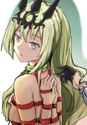  1girl arms_behind_back bdsm bondage bound bound_arms bound_wrists collar crown crown_hair_ornament from_behind gloves green_eyes green_hair highres honkai_(series) honkai_impact_3rd long_hair looking_at_viewer looking_back mobius_(honkai_impact) parted_lips reverse_prayer shibari simple_background slit_pupils teeth topless_frame upper_body upper_teeth_only yiduan_zhu  rating:Questionable score:29 user:ChameIV