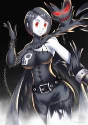  1girl black_hair breasts chain_around_arm chain colored_skin corruption costume dark_persona digimon empty_eyes evil grey_skin grin haze ladydevimon red_eyes short_hair smile solo teeth yagami_hikari  rating:Questionable score:27 user:sojithewolf