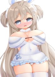  1girl blue_eyes blush breasts cleavage curvy hair_ornament highres kantai_collection large_breasts light_brown_hair long_hair oppai_loli panties solo thick_thighs thighhighs thighs umikaze_(kancolle) underwear very_long_hair wide_hips  rating:Sensitive score:33 user:NextToNothing