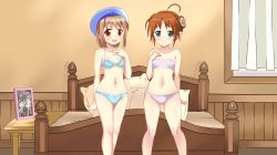  2girls absurdres ahoge bed belly blue_bra blue_panties blush bra breasts brown_eyes brown_hair chair closed_mouth commission curtains drawing_(object) elf feet_out_of_frame female_focus flat_chest flower_ornament fortune_summoners green_eyes hand_on_own_chest hat highres indoors kiniro_tofu knees legs loli looking_at_viewer multiple_girls navel nose open_mouth orange_hair panties pillow pointy_ears purple_bra purple_panties recettear sana_poanet small_breasts smile thighs tielle underwear wall 