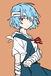  1girl arm_sling ayanami_rei blue_dress blue_hair closed_mouth dress expressionless eyepatch highres looking_at_viewer neon_genesis_evangelion orange_background pinafore_dress red_eyes school_uniform shirt simple_background sleeveless sleeveless_dress solo tokyo-3_middle_school_uniform upper_body uud45gaotrcvkfg white_shirt 