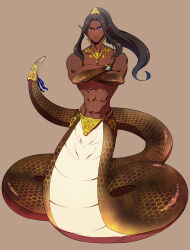  1boy abs black_hair blue_eyes bracelet brown_background brown_scales closed_mouth commentary_request crossed_arms earrings full_body gensoudanshi high_ponytail highres hoop_earrings jewelry lamia_boy long_hair looking_at_viewer male_focus monster_boy narrow_waist necklace original pointy_ears scales sidelocks simple_background solo tail tail_ornament toned toned_male 
