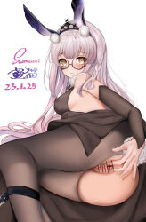 1girl absurdres animal_ears artist_name bar_censor bespectacled black-framed_eyewear black_crown_(object) black_pantyhose black_sleeves blush breasts censored closed_mouth commentary_request covered_erect_nipples crown dated detached_sleeves feet_out_of_frame glasses grey_hair highres kaavi long_hair looking_at_viewer lying mahjong_soul medium_breasts on_side pantyhose pussy rabbit_ears rabbit_girl rabbit_tail round_eyewear samomii sideboob simple_background solo spread_pussy tail torn_clothes torn_pantyhose very_long_hair white_background