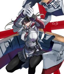 1girl absurdres adapted_turret anti-aircraft anti-aircraft_gun black_gloves black_pantyhose blonde_hair blue_eyes blush breasts cannon capelet celtic_knot cross flight_deck gegeron gloves graf_zeppelin_(kancolle) hair_between_eyes hat highres iron_cross kantai_collection large_breasts long_hair looking_at_viewer military military_hat military_uniform pantyhose peaked_cap rigging sidelocks signature skirt solo twintails uniform 