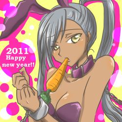  1girl animal_ears bibirin breasts carrot chain cleavage code_geass collar dark-skinned_female dark_skin fake_animal_ears female_focus grey_hair leash leotard long_hair lowres mouth_hold playboy_bunny ponytail rabbit_ears solo villetta_nu yellow_eyes 