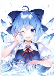 1girl ;d absurdres ahoge blue_bow blue_dress blue_hair blush bow breasts cirno collared_shirt dress fairy_wings fang frills hair_between_eyes hair_bow hand_on_own_cheek hand_on_own_face highres ice ice_cube ice_wings ke-ta looking_at_viewer neck_ribbon non-web_source one_eye_closed open_mouth puffy_short_sleeves puffy_sleeves red_ribbon ribbon scan shirt short_hair short_sleeves simple_background smile solo teeth touhou translation_request upper_teeth_only white_background white_shirt wings rating:Sensitive score:13 user:danbooru