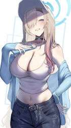  1girl absurdres alternate_costume asuna_(blue_archive) baseball_cap black_choker blue_archive blue_cardigan blush breasts camisole cardigan casual cellphone choker cleavage collarbone crop_top denim hair_over_one_eye halo hat highres holding holding_phone jeans large_breasts light_brown_hair midriff mole mole_on_breast navel one_eye_covered pants phone skysign_ft smile solo stomach white_camisole white_hat 