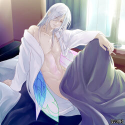  1boy arm_support between_fingers blanket cigarette cigarette_holder clovis_aureole copyright_name curtains dairoku_ryouhei day eyes_visible_through_hair fairy_wings full_body hair_over_one_eye hickey hip_bones holding holding_cigarette indoors long_hair long_sleeves looking_at_viewer male_focus naked_shirt on_bed open_clothes open_shirt parted_lips pillow psmania0ema-otamesi red_eyes sanpaku shirt sitting solo toned toned_male under_covers white_hair white_shirt window wings 
