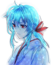  1girl blue_hair female_focus gradient_background japanese_clothes kimono long_hair mr_(pixiv325245) ponytail red_eyes solo white_background yukina_(yu_yu_hakusho) yuu_yuu_hakusho 