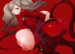  1girl absurdres all_fours aqua_eyes artist_request ass bodysuit boots breasts female_focus gigantic_breasts gloves highres hiiaru huge_ass huge_nipples impossibly_large_breasts long_hair persona persona_5 skin_tight solo tail takamaki_anne thigh_boots twintails whip zipper 