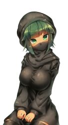  1girl artist_request black_dress black_hood black_thighhighs breasts commentary dress english_commentary green_eyes green_hair impossible_clothes impossible_dress isis-chan large_breasts mask mouth_mask original sidelocks sitting solo thighhighs third-party_source upper_body 
