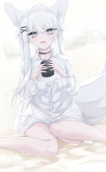  1girl absurdres animal_ears black_choker choker collared_shirt cup dress_shirt extra_ears fox_ears fox_girl fox_tail grey_eyes hair_between_eyes hair_ornament highres holding holding_cup long_hair long_sleeves looking_at_viewer open_mouth original shirt sitting solo sumishi_(sumisi_3) tail white_hair white_shirt window 