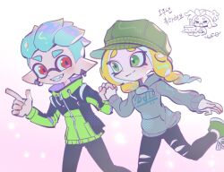  1boy 1girl black_pants blonde_hair blue_hair closed_mouth commentary drill_hair earrings green_eyes green_hat green_jacket grey_hoodie hat holding_hands hood hoodie inkling inkling_boy inkling_player_character jacket jewelry korean_text long_hair nintendo octoling octoling_girl octoling_player_character pants pointy_ears print_hoodie red_eyes short_hair simple_background smile splatoon_(series) symbol-only_commentary teeth tentacle_hair thick_eyebrows torn_clothes torn_pants translation_request twin_drills ufo_sw white_background 
