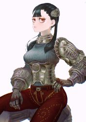 1girl absurdres armor ashei belt black_hair breasts gauntlets gloves hair_ornament highres long_hair looking_at_viewer mossan351 nintendo pauldrons pink_background pointy_ears red_eyes shoulder_armor simple_background single_pauldron solo the_legend_of_zelda the_legend_of_zelda:_twilight_princess twintails white_background  rating:Sensitive score:29 user:danbooru