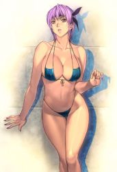 1girl against_wall arm_support ayane_(doa) bikini blue_bikini breasts cleavage clenched_hand dead_or_alive dead_or_alive_5 fingernails front-tie_top headband highleg highleg_bikini highleg_swimsuit homare_(fool&#039;s_art) jpeg_artifacts large_breasts leaning_forward lipstick long_fingernails looking_at_viewer makeup nail_polish navel parted_lips pink_eyes purple_hair shadow short_hair sideboob solo standing swimsuit tecmo thigh_gap rating:Sensitive score:182 user:danbooru
