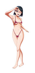 1girl armpits barefoot bikini black_eyes black_hair boruto:_naruto_next_generations breasts collarbone eyebrows female_focus full_body glasses hand_up highres legs_together looking_at_viewer micro_bikini naruto_(series) navel no_pupils one_eye_closed open_mouth red-framed_eyewear red_bikini shiny_skin short_hair simple_background small_breasts smile solo standing swept_bangs swimsuit teeth thigh_gap toenails toes tongue uchiha_sarada upper_teeth_only rating:Sensitive score:112 user:Crazy-Ant