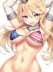 10s 1girl :d american_flag_bikini american_flag_print arms_up bikini bikini_top_only blonde_hair blue_eyes bottomless breasts choker covered_erect_nipples elbow_gloves flag_print gloves iowa_(kancolle) kantai_collection kase_daiki large_breasts long_hair navel open_mouth print_bikini smile solo star-shaped_pupils star_(symbol) stomach swimsuit symbol-shaped_pupils wide_hips rating:Questionable score:75 user:danbooru