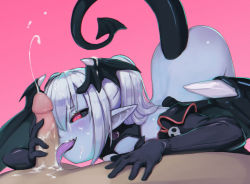  1boy 1girl arched_back ass black_gloves blue_skin censored colored_skin colored_tongue commentary cum demon_girl demon_tail demon_wings devil_(monster_girl_encyclopedia) earrings ejaculation elbow_gloves english_commentary erection facial fellatio gloves hair_between_eyes head_wings heart heart_earrings hetero jewelry kuroshiro00 licking licking_penis monster_girl monster_girl_encyclopedia mosaic_censoring multiple_wings open_mouth oral paid_reward_available penis pink_background pointy_ears purple_tongue red_eyes sharp_teeth silver_hair simple_background solo_focus tail teeth tongue top-down_bottom-up twintails wings  rating:Explicit score:281 user:danbooru