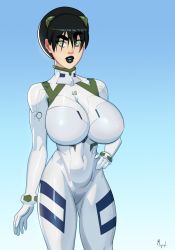  1girl avatar_legends black_hair black_lips bodysuit breasts cowboy_shot gradient_background green_eyes hair_between_eyes hand_on_own_hip highres impossible_clothes large_breasts lipstick looking_at_viewer makeup morganagod neon_genesis_evangelion short_hair standing thick_eyebrows toph_bei_fong  rating:Questionable score:61 user:JimJones24