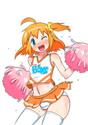  1boy ;d ahoge blue_eyes blush bulge cheerleader chinzurena clothes_writing crossdressing english_text looking_at_viewer male_focus mars_symbol midriff navel one_eye_closed open_mouth orange_hair original panties pantyshot pom_pom_(cheerleading) short_hair side_ponytail simple_background smile solo sweat thighhighs trap undersized_clothes underwear white_background white_thighhighs wink  rating:Questionable score:106 user:BlueBaroness