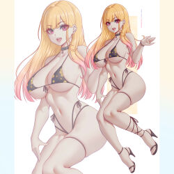  1girl :d absurdres bikini black_bikini black_choker black_footwear blonde_hair breasts choker collarbone commentary english_commentary floral_print full_body gradient_hair highres japanese_clothes kimono kitagawa_marin large_breasts long_hair looking_at_viewer melowh multicolored_hair navel open_mouth patreon_username pink_hair print_kimono red_eyes shoes smile sono_bisque_doll_wa_koi_wo_suru swimsuit toes zoom_layer  rating:Sensitive score:37 user:danbooru
