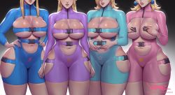  4girls alternate_costume belt_bra blonde_hair bodysuit breast_cutout breasts cameltoe cleavage cleavage_cutout clothing_cutout covering_privates covering_breasts earrings facing_viewer female_focus head_out_of_frame jewelry large_breasts latex latex_bodysuit legs_together long_hair mario_(series) metroid multiple_girls nail_polish navel nintendo pinkdrawz princess_peach princess_zelda revealing_clothes rosalina samus_aran skin_tight skindentation standing super_mario_bros._1 super_mario_galaxy the_legend_of_zelda thick_thighs thighs underboob wide_hips  rating:Questionable score:340 user:FabricioDias