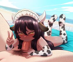 1boy 1girl animal_ears ass black_hair blush born-to-die bridal_gauntlets cow_ears cow_horns cow_print cow_print_gloves cow_print_thighhighs elbow_gloves feet_up gloves hair_between_eyes highres horns long_hair looking_at_viewer lying maid_headdress male_pubic_hair on_stomach oral original penis pov pov_crotch print_gloves print_thighhighs pubic_hair soles solo_focus sweat the_pose thighs v yellow_eyes 