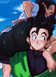  1boy 1girl ass black_hair blush carrying carrying_over_shoulder carrying_person couple dragon_ball huge_ass muscular muscular_male nervous_sweating roropull son_gohan sweat tagme thick_thighs thighs videl 
