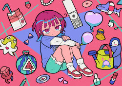  1girl aqua_shorts bird blue_eyes blue_hair blue_nails blue_shirt bottle broken_heart candle cd_player closed_mouth doughnut expressionless food fork fruit fur-trimmed_shorts fur_trim hand_on_own_arm hand_on_own_knee heart holding holding_fork indie_utaite layered_sleeves lipstick long_sleeves looking_at_viewer makeup milk_carton multicolored_hair nanawo_akari octopus official_art pencil penguin perfume_bottle pink_background pink_eyes pink_hair red_footwear renai-no_(nanawo_akari) ribbon ring_pop rubber_duck shark shirt short_hair short_over_long_sleeves short_sleeves shorts sitting socks spoon swim_ring terada_tera two-tone_eyes two-tone_hair two_side_up watering_can watermelon white_ribbon white_shirt white_socks 