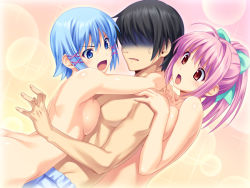  10s 1boy 2girls blue_eyes blue_hair breast_press breasts game_cg girl_sandwich himuro_rikka hinata_hanabi hug koutaro large_breasts looking_at_viewer multiple_girls nude open_mouth pink_hair red_eyes sandwiched shaded_face tropical_kiss  rating:Questionable score:89 user:danbooru