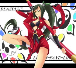  1girl arc_system_works black_bra black_hair blazblue blazblue:_calamity_trigger bra breasts china_dress chinese_clothes dress female_focus glasses lao_jiu lingerie litchi_faye_ling long_hair morugin ponytail red_eyes solo staff underwear very_long_hair 