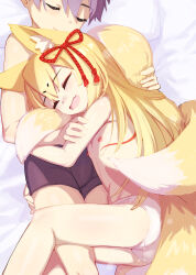  1boy 1girl animal_ear_fluff animal_ears ass black_shorts blonde_hair breasts closed_eyes commentary fang fox_ears fox_girl fox_tail highres holding_another&#039;s_tail hug kneepits loli lolicom long_hair luka_(mon-musu_quest!) male_underwear mon-musu_quest! multiple_tails nipples open_mouth panties purple_hair short_hair short_shorts shorts sleeping small_breasts smile symbol-only_commentary tail tamamo_(mon-musu_quest!) thighs topless underwear underwear_only white_panties  rating:Questionable score:167 user:danbooru