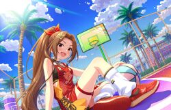 1girl aino_nagisa basketball basketball_hoop brown_hair cloud fence game_cg idolmaster idolmaster_cinderella_girls idolmaster_cinderella_girls_starlight_stage official_art open_mouth palm_tree ponytail red_eyes solo tree