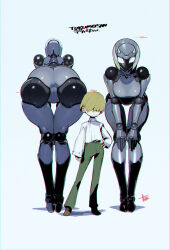  1girl 1other androgynous ass bent_over blonde_hair breasts crotch crotch_seam doll_joints hair_over_eyes highres humanoid_robot joints medium_breasts namaniku_atk original pussy robot robot_girl robot_joints short_hair sidelocks simple_background tall_female white_background 