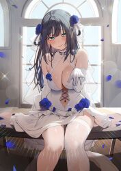  1girl absurdres ahoge amano_nene_(vtuber) aqua_eyes bare_shoulders black_hair blue_flower blue_rose blush blush_stickers breasts bride cleavage cleavage_cutout closed_mouth clothing_cutout commentary commission dress dress_flower elbow_gloves english_commentary falling_petals flower gloves hair_rings highres jewelry lace_thighhighs large_breasts light_particles long_hair looking_at_viewer navel parted_hair petals plunging_neckline production_kawaii ring rose second-party_source short_dress single_thighhigh sitting sleeveless sleeveless_dress smile solo takeno_omoti thighhighs virtual_youtuber wedding_dress wedding_ring white_gloves white_thighhighs window 