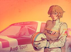  1girl absurdres apex_legends audi audi_quattro blonde_hair blue_eyes car commentary cosplay country_connection english_commentary frown gloves helmet highres holding holding_helmet jumpsuit looking_at_viewer michele_mouton michele_mouton_(cosplay) motor_vehicle race_vehicle racecar racing_suit rally_car real_life short_hair solo spoiler_(automobile) unworn_headwear unworn_helmet vinegar_and_soda wattson_(apex_legends) western_comics_(style) white_gloves white_helmet white_jumpsuit world_rally_championship 