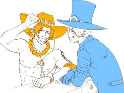  2boys ^_^ abs blue_coat blue_gloves blue_hair blue_hat bracelet closed_eyes coat commentary_request elbow_pads freckles gloves goggles goggles_on_headwear hand_on_headwear hat jewelry log_pose male_focus multiple_boys necklace nrrn03 one_piece orange_hair orange_hat pearl_necklace portgas_d._ace profile sabo_(one_piece) scar scar_on_face short_hair simple_background single_elbow_pad smile top_hat topless_male white_background 