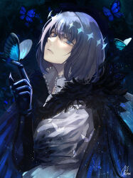  1boy absurdres bags_under_eyes black_cape blue_butterfly blue_eyes bug butterfly butterfly_on_hand cape diamond_hairband dress_shirt fate/grand_order fate_(series) from_side gami_ww highres insect light_particles looking_at_viewer male_focus oberon_(fate) oberon_(third_ascension)_(fate) puffy_sleeves shirt short_hair signature solo 