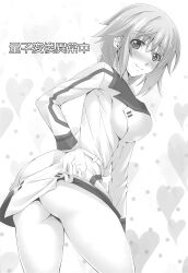  1girl absurdres bent_over blush breasts charlotte_dunois clothes_lift come_hither female_focus highres infinite_stratos kurakinoissiki large_breasts legs lifted_by_self long_hair looking_at_viewer low_ponytail monochrome no_panties school_uniform sideboob solo teasing thighs 