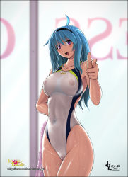  1girl asics blue_eyes blue_hair blush breasts cleft_of_venus competition_swimsuit covered_erect_nipples curvy long_hair matching_hair/eyes nipples nyanko_batake one-piece_swimsuit original see-through solo swimsuit v wide_hips  rating:Questionable score:53 user:galuf36