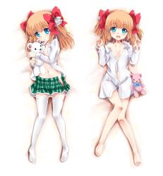  1girl arms_up bare_shoulders barefoot blue_eyes bottomless bow breasts brown_hair commentary_request dakimakura_(medium) dress_shirt facing_viewer from_above full_body girlfriend_(kari) green_skirt hair_bow hugging_object knees_together_feet_apart legs long_hair lying mister_(black_and_white) multiple_views naked_shirt navel no_bra no_panties off_shoulder on_back open_clothes open_mouth open_shirt open_skirt plaid plaid_skirt ribbon school_uniform shirt skirt small_breasts smile stuffed_animal stuffed_toy tareme teddy_bear thigh_gap thighhighs two_side_up unbuttoned unfastened unzipped white_shirt white_thighhighs yuuki_nae 