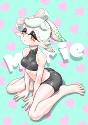 1girl ass bare_arms bare_legs bare_shoulders barefoot bike_shorts black_shorts bow-shaped_hair breasts butt_crack character_name covered_collarbone cross-shaped_pupils eyelashes full_body heart heart_background highres inkling koharu2.5 marie_(splatoon) medium_breasts mole mole_under_eye nintendo pointy_ears red_pupils short_eyebrows short_hair shorts solo splatoon_(series) symbol-shaped_pupils tentacle_hair white_hair yellow_eyes 