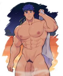  1boy abs absurdres bara blue_eyes blue_hair closed_mouth completely_nude fire_emblem fire_emblem:_path_of_radiance fire_emblem:_radiant_dawn flaccid green_headband headband highres holding holding_towel ike_(fire_emblem) large_pectorals male_focus male_pubic_hair milkiato muscular muscular_male navel nintendo nipples nude pectorals penis pubic_hair short_hair solo testicles towel  rating:Explicit score:22 user:danbooru