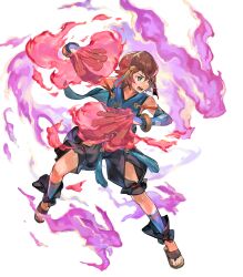  1boy attack crossed_bangs detached_hood fire fire_emblem fire_emblem_fates fire_emblem_heroes hayato_(fire_emblem) headband highres japanese_clothes magic nintendo non-web_source official_art open_mouth pink_fire purple_fire red_eyes red_fire red_hair sandals solo talisman teeth 