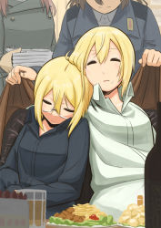 4girls blonde_hair bottle brown_hair cake covering_with_blanket erica_hartmann food gertrud_barkhorn glass glasses long_hair military military_uniform minna-dietlinde_wilcke multiple_girls plate quick10_117117 rikizo short_hair sleeping smile strike_witches strike_witches:_suomus_misfits_squadron uniform ursula_hartmann world_witches_series